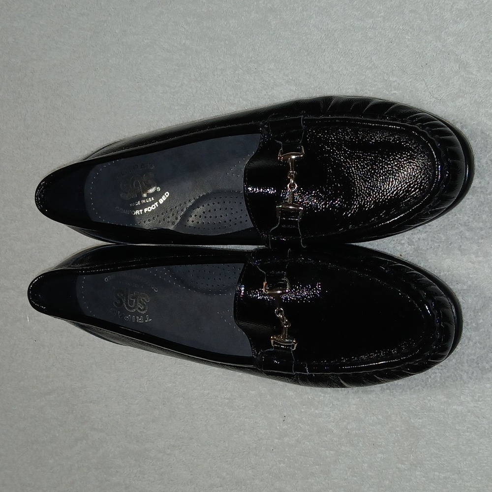 SAS Black Patent Leather Loafers with Gold Bit